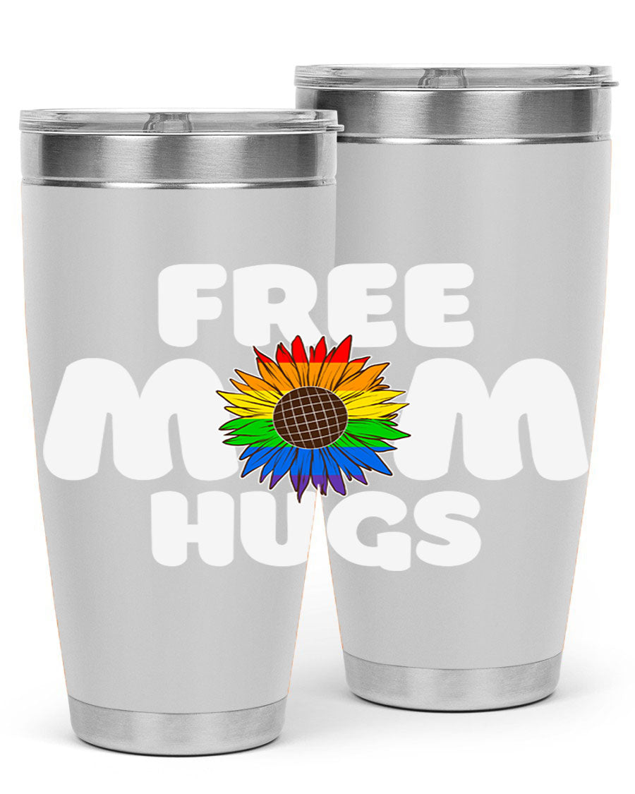 Free Mom Hugs Pride LGBT Tumbler in vibrant colors, showcasing double wall vacuum stainless steel design with a drink-thru lid.
