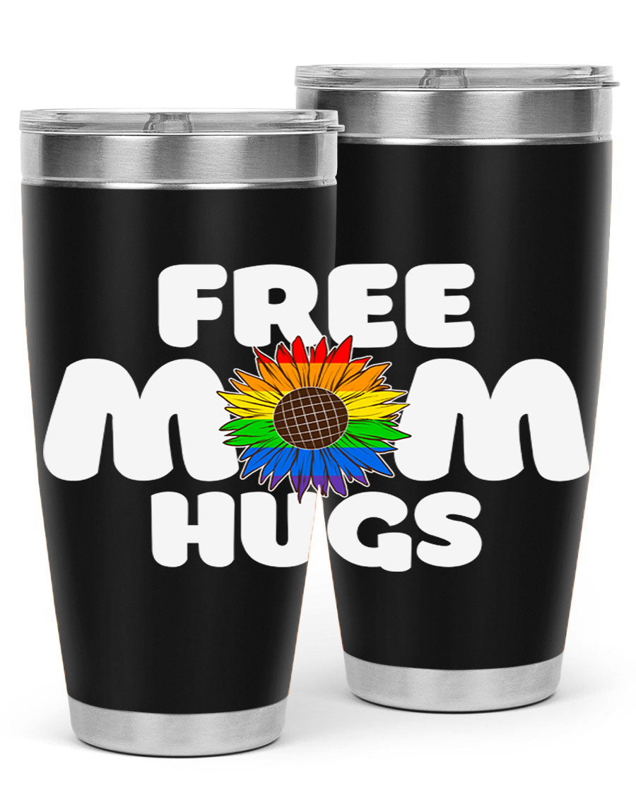 Free Mom Hugs Pride LGBT Tumbler in vibrant colors, showcasing double wall vacuum stainless steel design with a drink-thru lid.