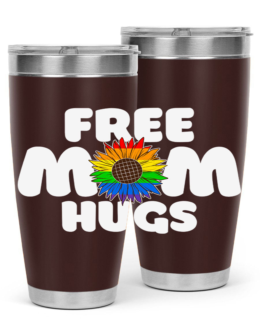 Free Mom Hugs Pride LGBT Tumbler in vibrant colors, showcasing double wall vacuum stainless steel design with a drink-thru lid.