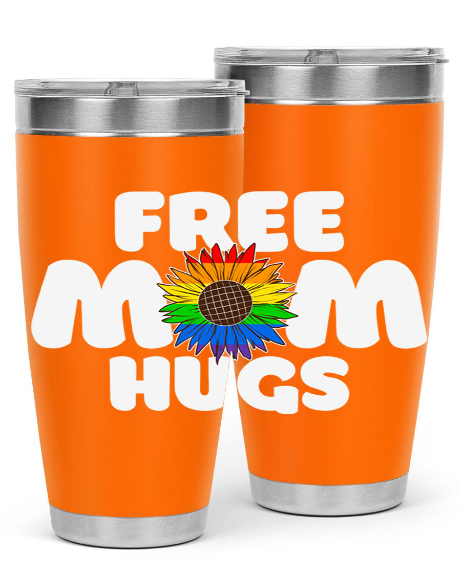 Free Mom Hugs Pride LGBT Tumbler in vibrant colors, showcasing double wall vacuum stainless steel design with a drink-thru lid.