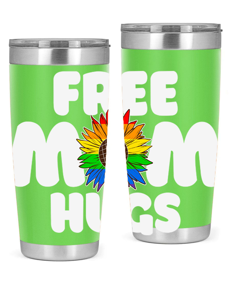 Free Mom Hugs Pride LGBT Tumbler in vibrant colors, showcasing double wall vacuum stainless steel design with a drink-thru lid.