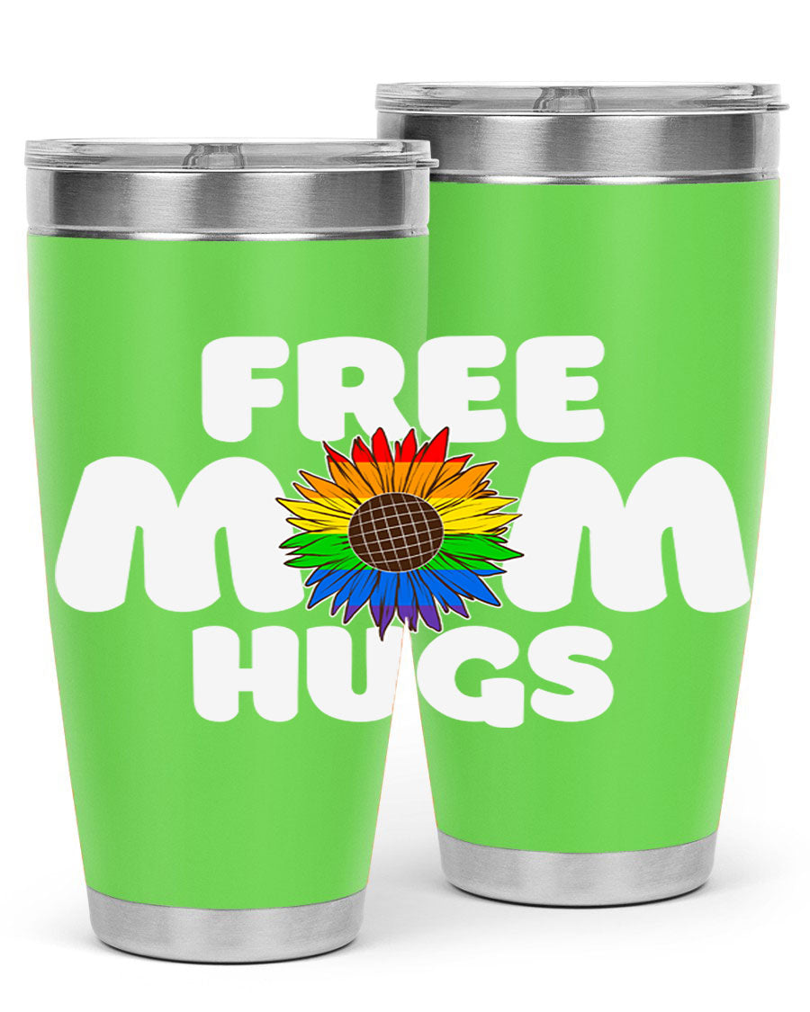 Free Mom Hugs Pride LGBT Tumbler in vibrant colors, showcasing double wall vacuum stainless steel design with a drink-thru lid.