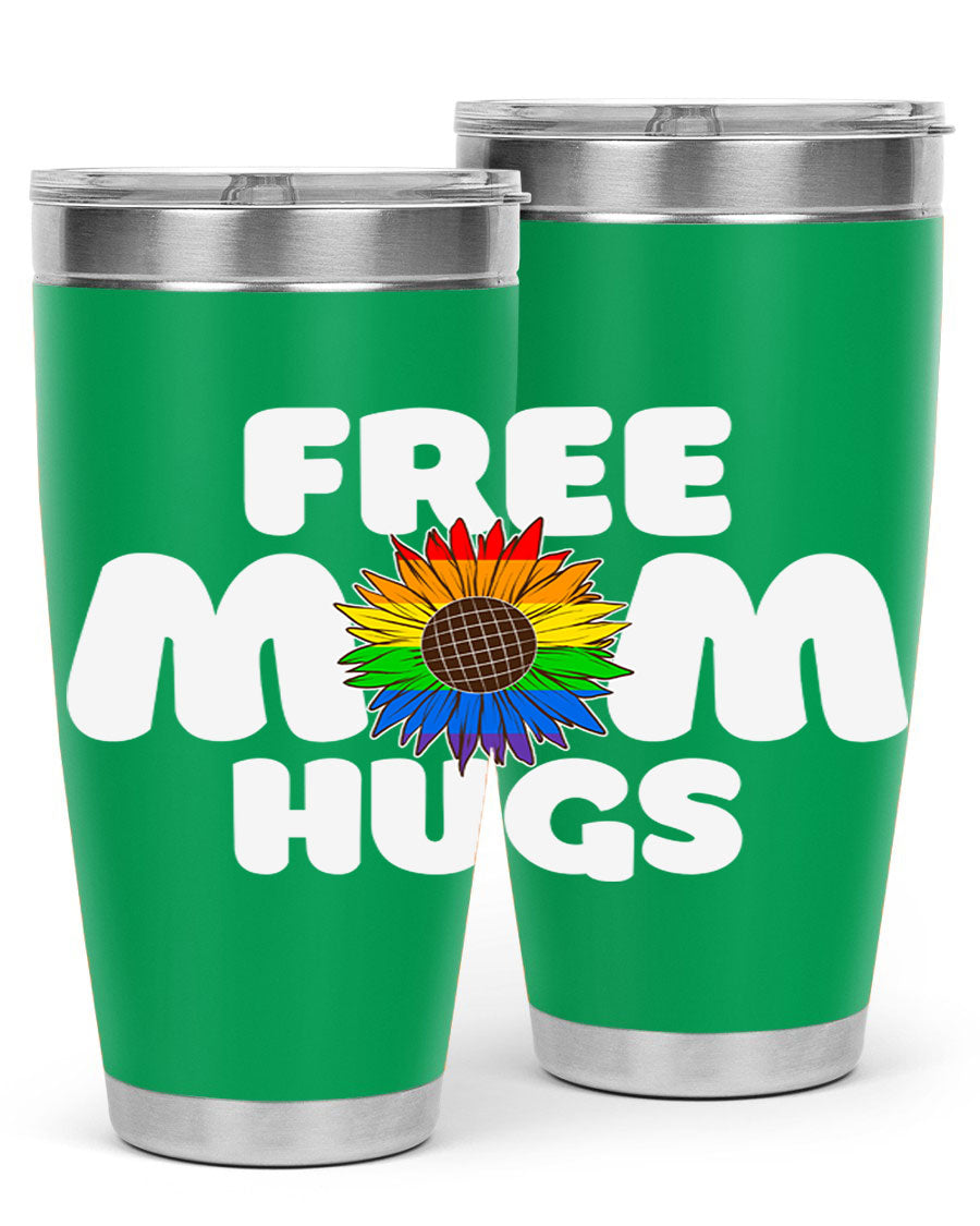 Free Mom Hugs Pride LGBT Tumbler in vibrant colors, showcasing double wall vacuum stainless steel design with a drink-thru lid.