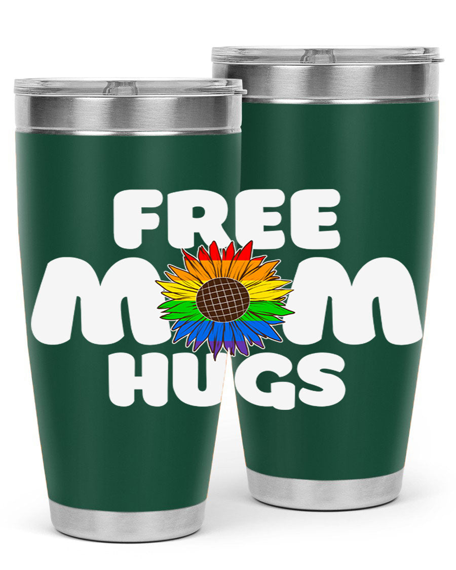 Free Mom Hugs Pride LGBT Tumbler in vibrant colors, showcasing double wall vacuum stainless steel design with a drink-thru lid.