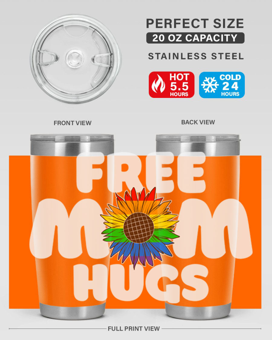 Free Mom Hugs Pride LGBT Tumbler in vibrant colors, showcasing double wall vacuum stainless steel design with a drink-thru lid.