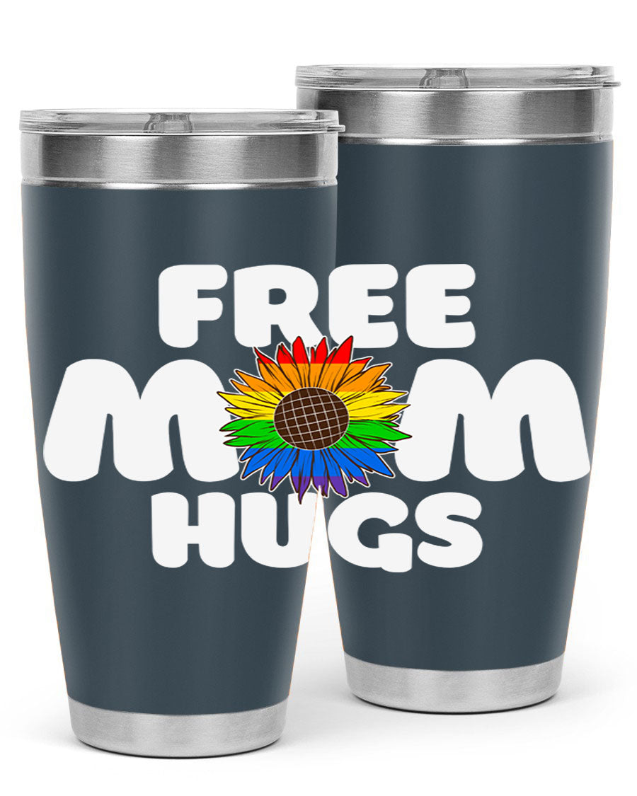 Free Mom Hugs Pride LGBT Tumbler in vibrant colors, showcasing double wall vacuum stainless steel design with a drink-thru lid.