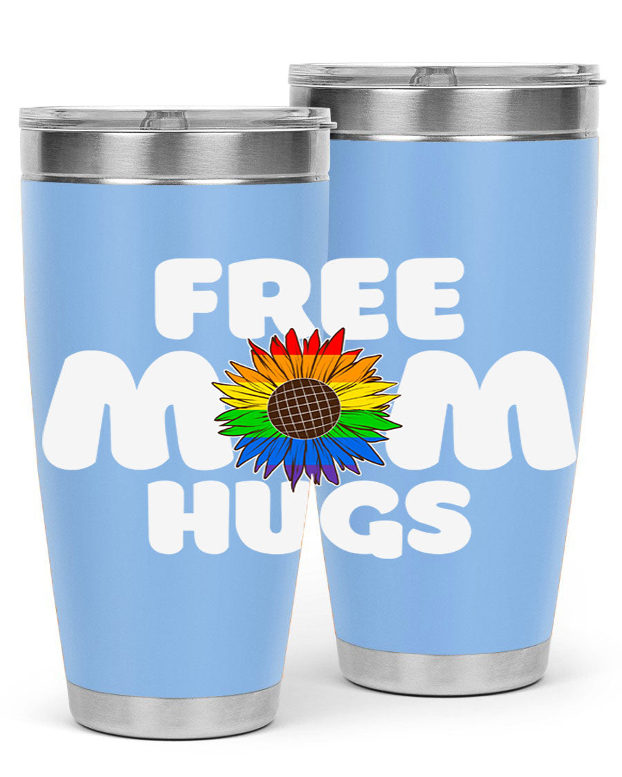 Free Mom Hugs Pride LGBT Tumbler in vibrant colors, showcasing double wall vacuum stainless steel design with a drink-thru lid.