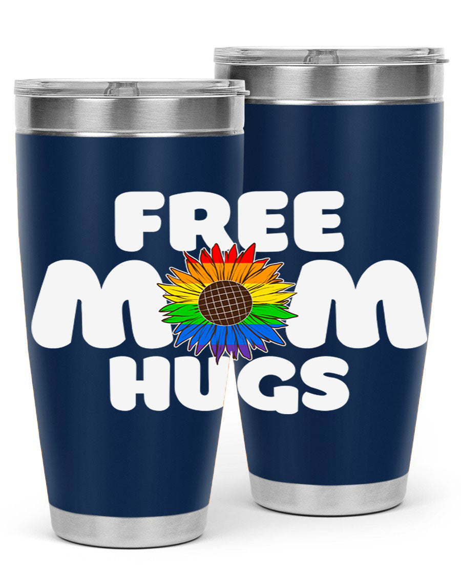 Free Mom Hugs Pride LGBT Tumbler in vibrant colors, showcasing double wall vacuum stainless steel design with a drink-thru lid.