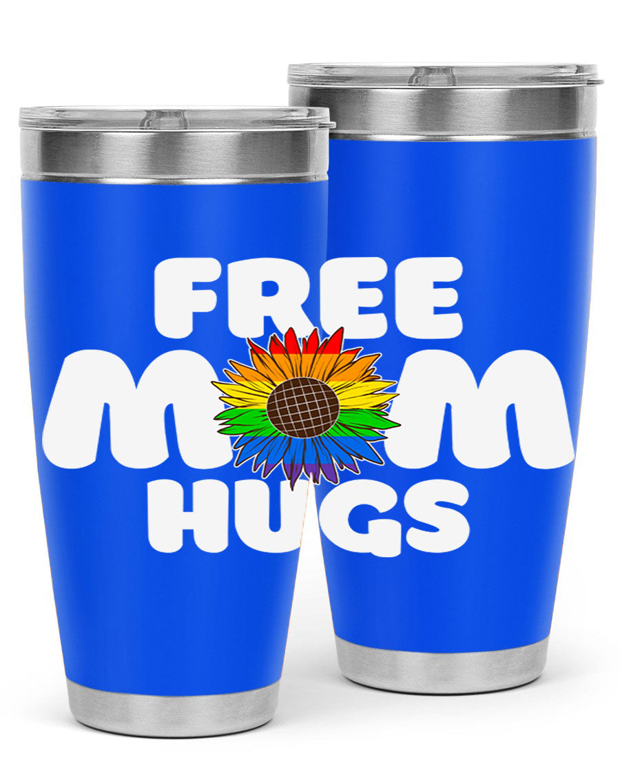 Free Mom Hugs Pride LGBT Tumbler in vibrant colors, showcasing double wall vacuum stainless steel design with a drink-thru lid.
