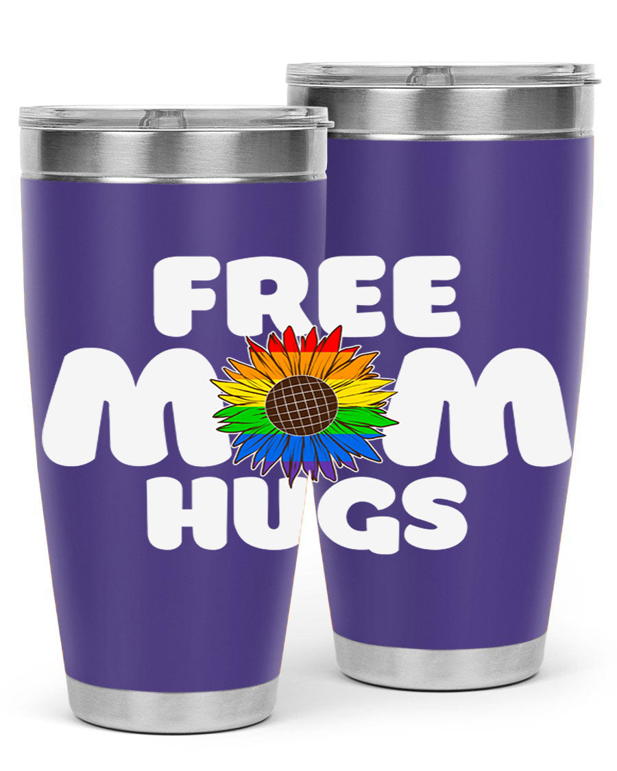 Free Mom Hugs Pride LGBT Tumbler in vibrant colors, showcasing double wall vacuum stainless steel design with a drink-thru lid.