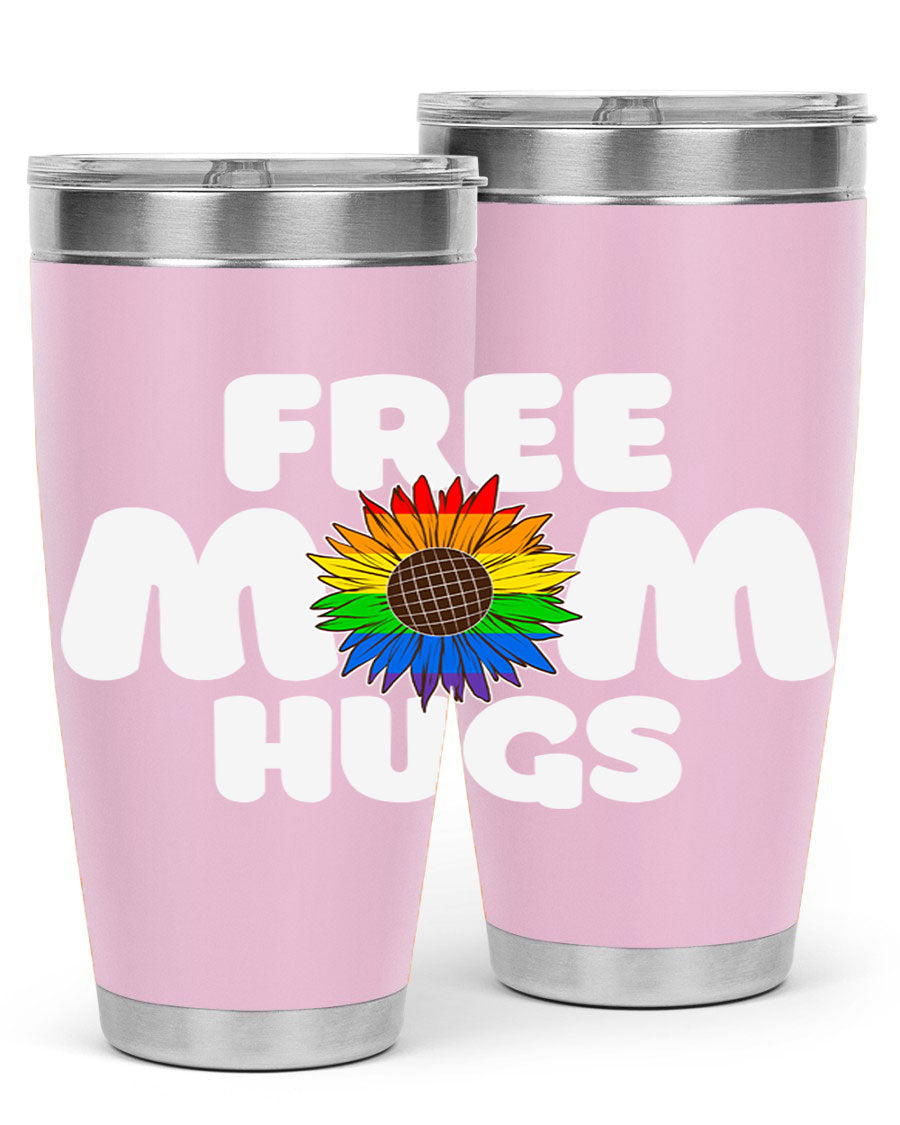 Free Mom Hugs Pride LGBT Tumbler in vibrant colors, showcasing double wall vacuum stainless steel design with a drink-thru lid.
