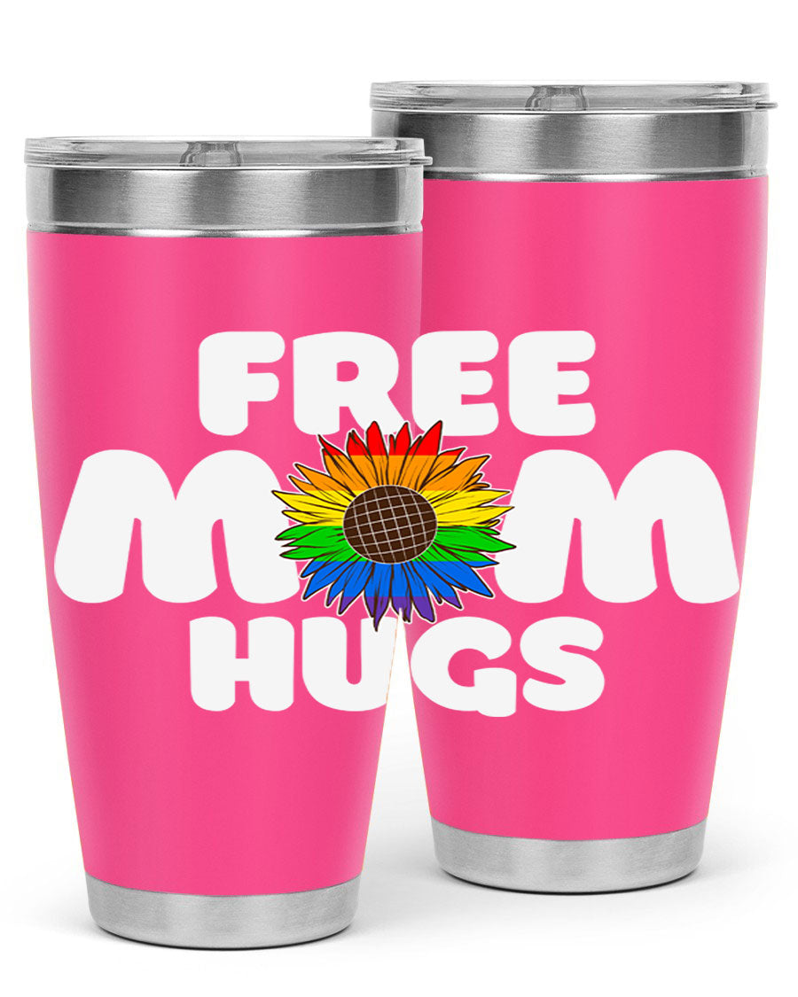 Free Mom Hugs Pride LGBT Tumbler in vibrant colors, showcasing double wall vacuum stainless steel design with a drink-thru lid.