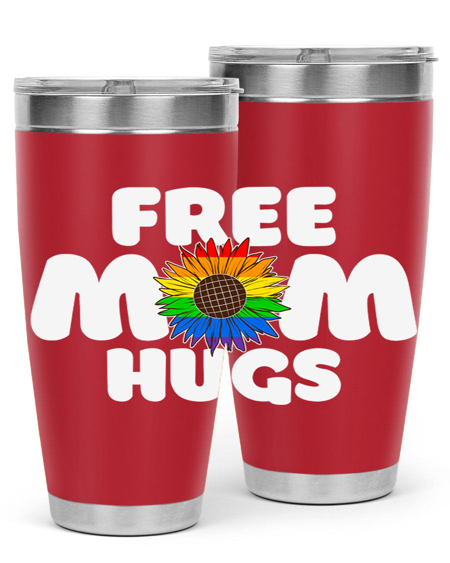 Free Mom Hugs Pride LGBT Tumbler in vibrant colors, showcasing double wall vacuum stainless steel design with a drink-thru lid.