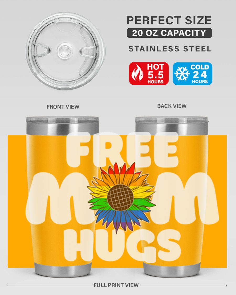 Free Mom Hugs Pride LGBT Tumbler in vibrant colors, showcasing double wall vacuum stainless steel design with a drink-thru lid.
