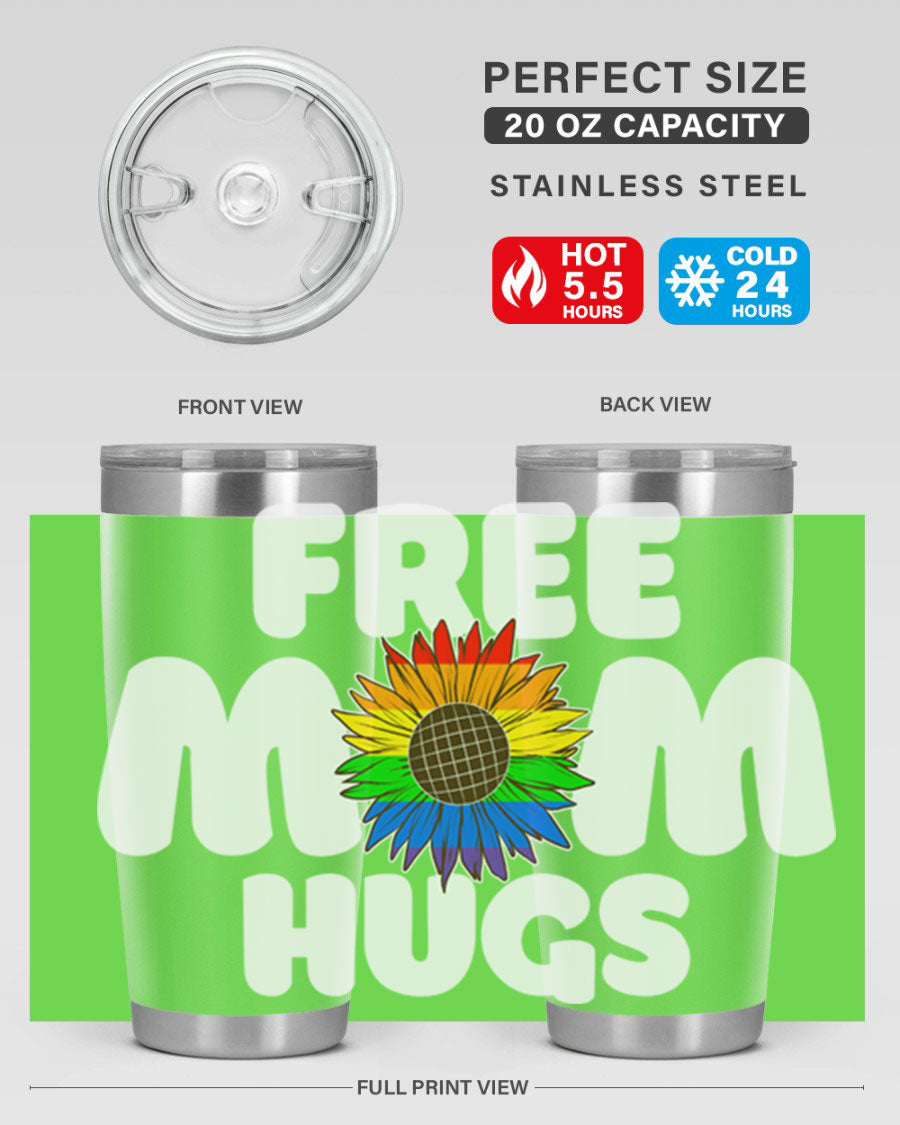 Free Mom Hugs Pride LGBT Tumbler in vibrant colors, showcasing double wall vacuum stainless steel design with a drink-thru lid.