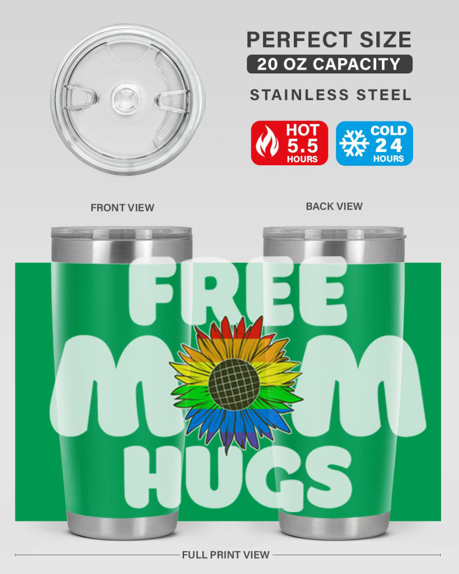 Free Mom Hugs Pride LGBT Tumbler in vibrant colors, showcasing double wall vacuum stainless steel design with a drink-thru lid.