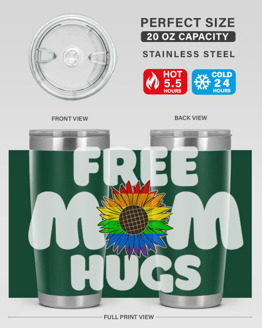 Free Mom Hugs Pride LGBT Tumbler in vibrant colors, showcasing double wall vacuum stainless steel design with a drink-thru lid.