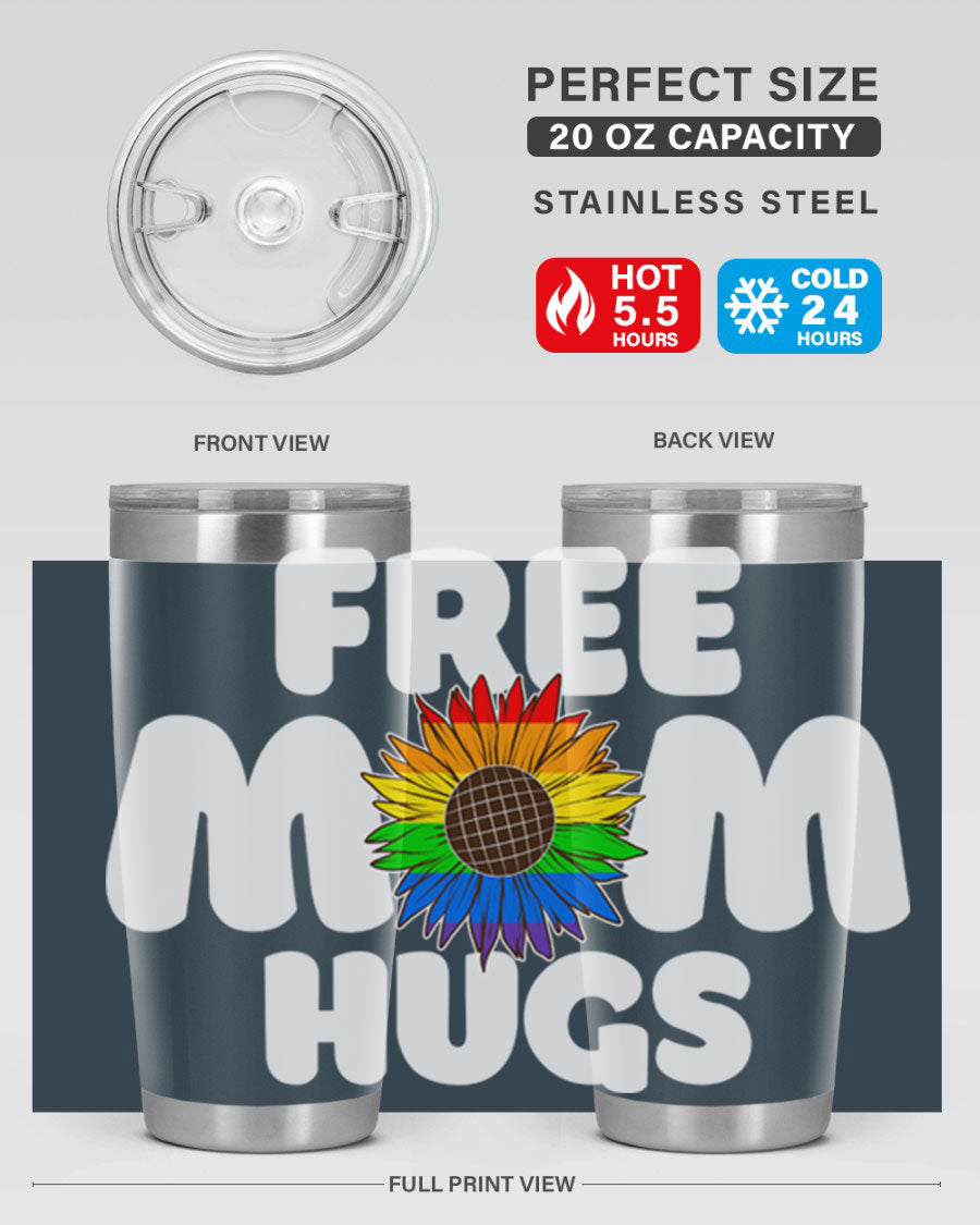 Free Mom Hugs Pride LGBT Tumbler in vibrant colors, showcasing double wall vacuum stainless steel design with a drink-thru lid.