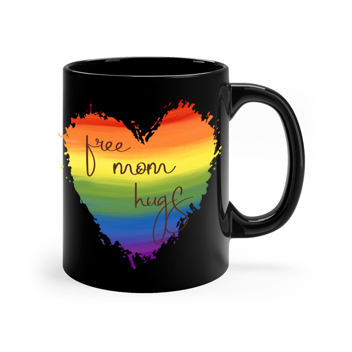 Free Mom Hugs Rainbow Pride Mug with colorful handle and glossy finish, showcasing vibrant rainbow design for LGBT pride.