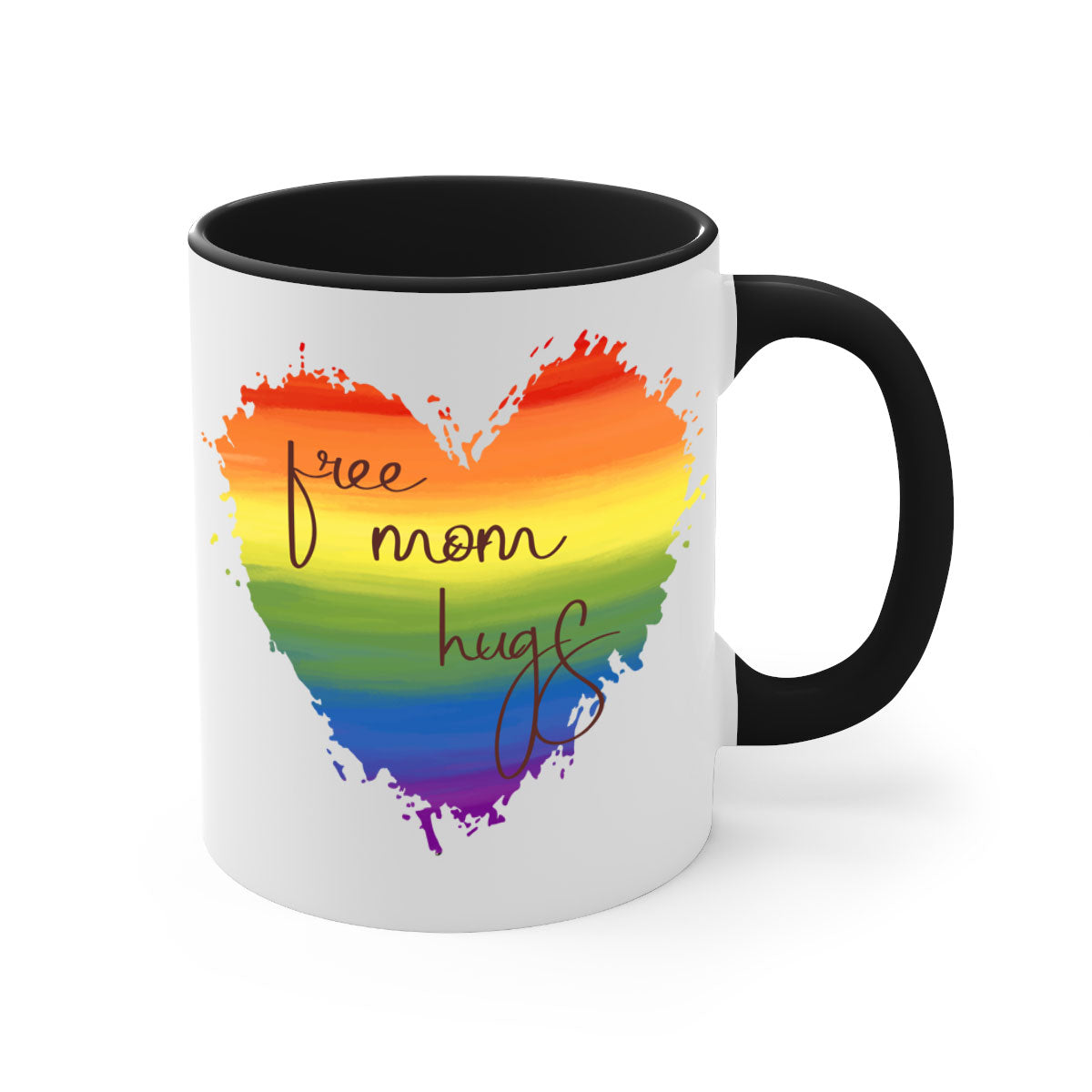 Free Mom Hugs Rainbow Pride Mug with colorful handle and glossy finish, showcasing vibrant rainbow design for LGBT pride.