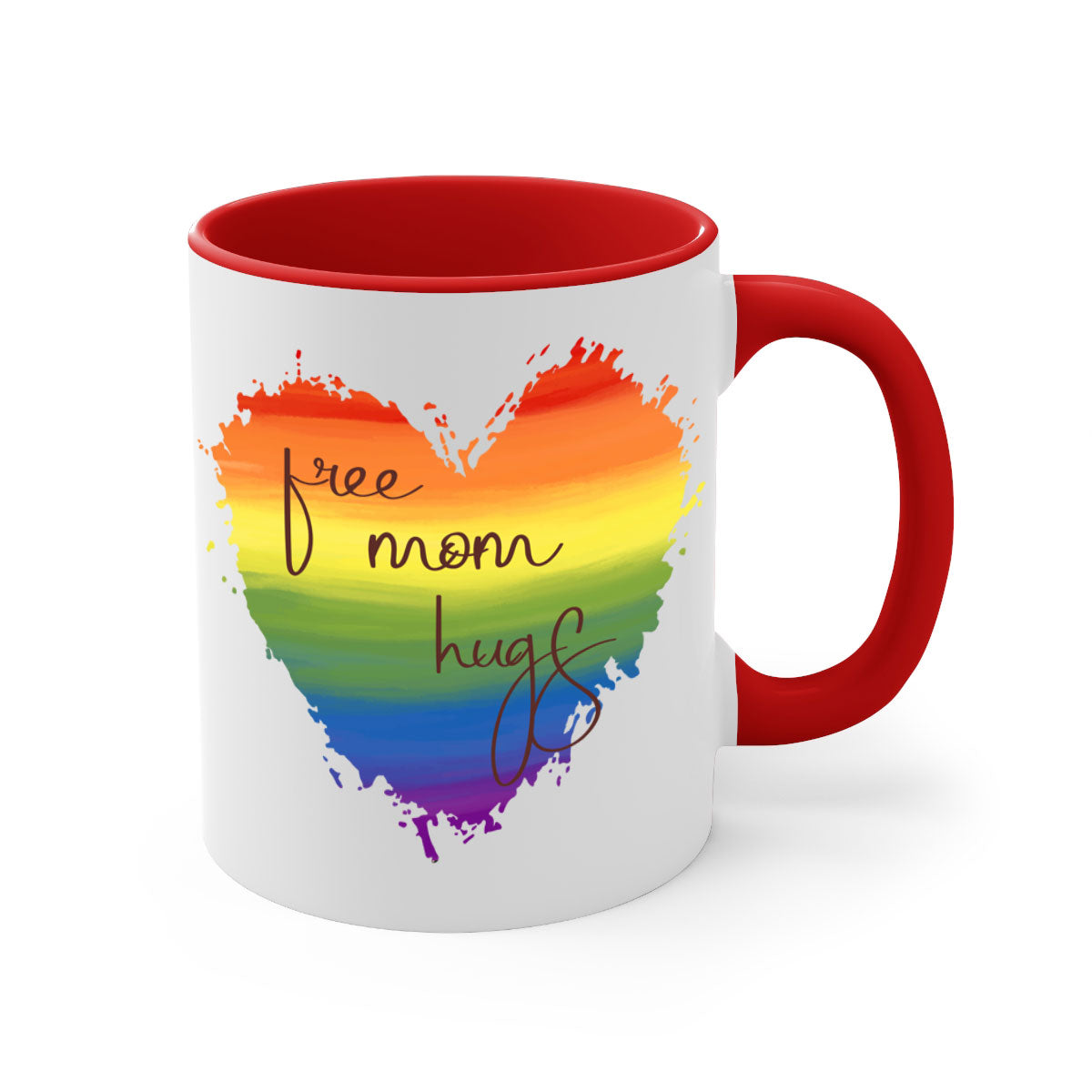 Free Mom Hugs Rainbow Pride Mug with colorful handle and glossy finish, showcasing vibrant rainbow design for LGBT pride.