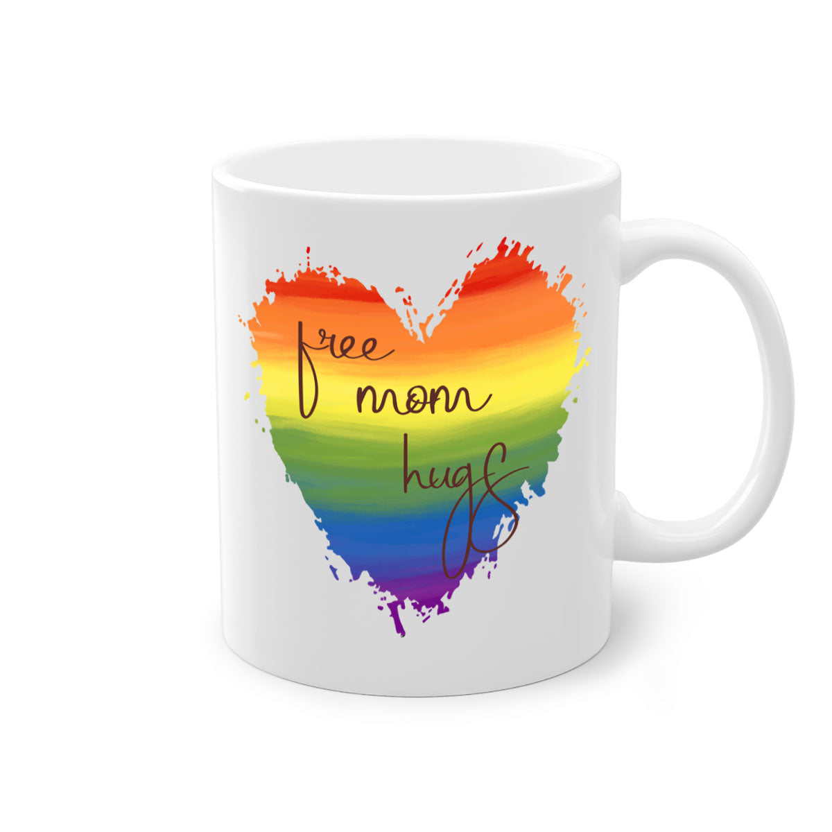 Free Mom Hugs Rainbow Pride Mug with colorful handle and glossy finish, showcasing vibrant rainbow design for LGBT pride.