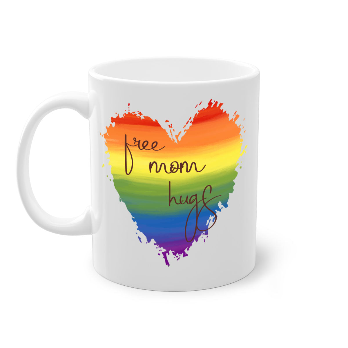 Free Mom Hugs Rainbow Pride Mug with colorful handle and glossy finish, showcasing vibrant rainbow design for LGBT pride.