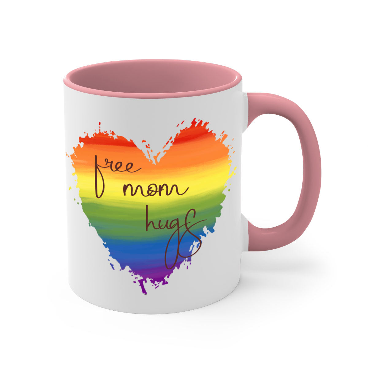 Free Mom Hugs Rainbow Pride Mug with colorful handle and glossy finish, showcasing vibrant rainbow design for LGBT pride.