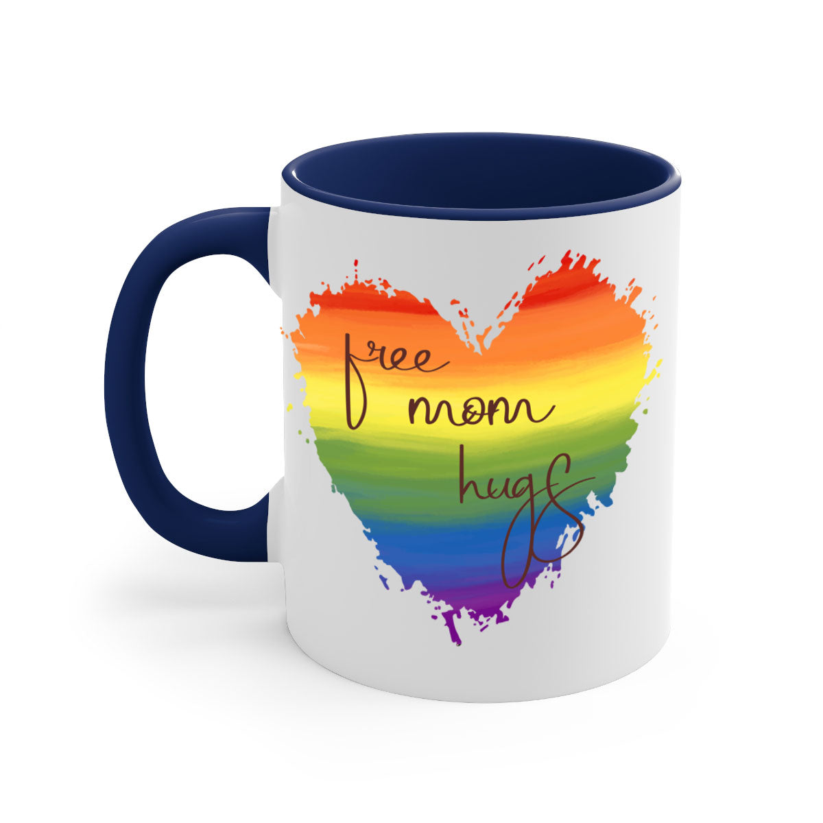 Free Mom Hugs Rainbow Pride Mug with colorful handle and glossy finish, showcasing vibrant rainbow design for LGBT pride.
