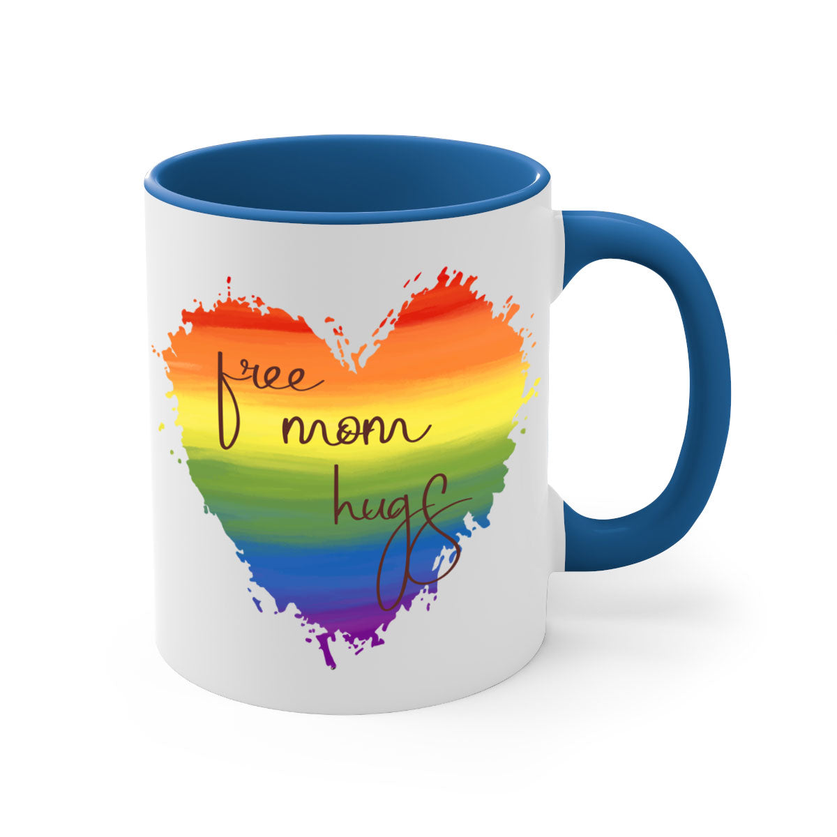 Free Mom Hugs Rainbow Pride Mug with colorful handle and glossy finish, showcasing vibrant rainbow design for LGBT pride.
