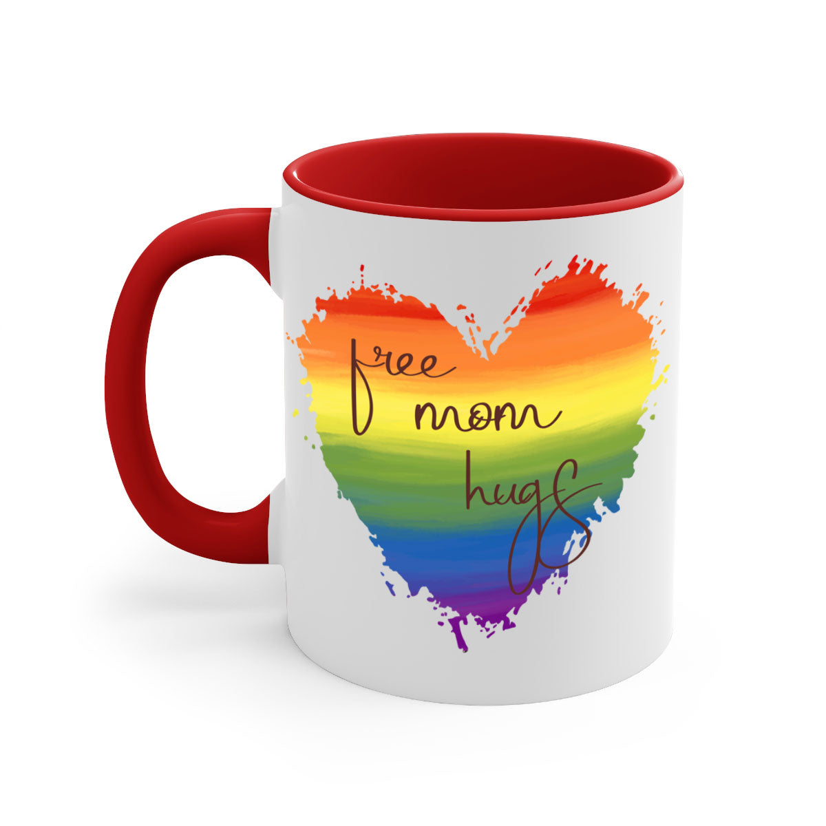 Free Mom Hugs Rainbow Pride Mug with colorful handle and glossy finish, showcasing vibrant rainbow design for LGBT pride.