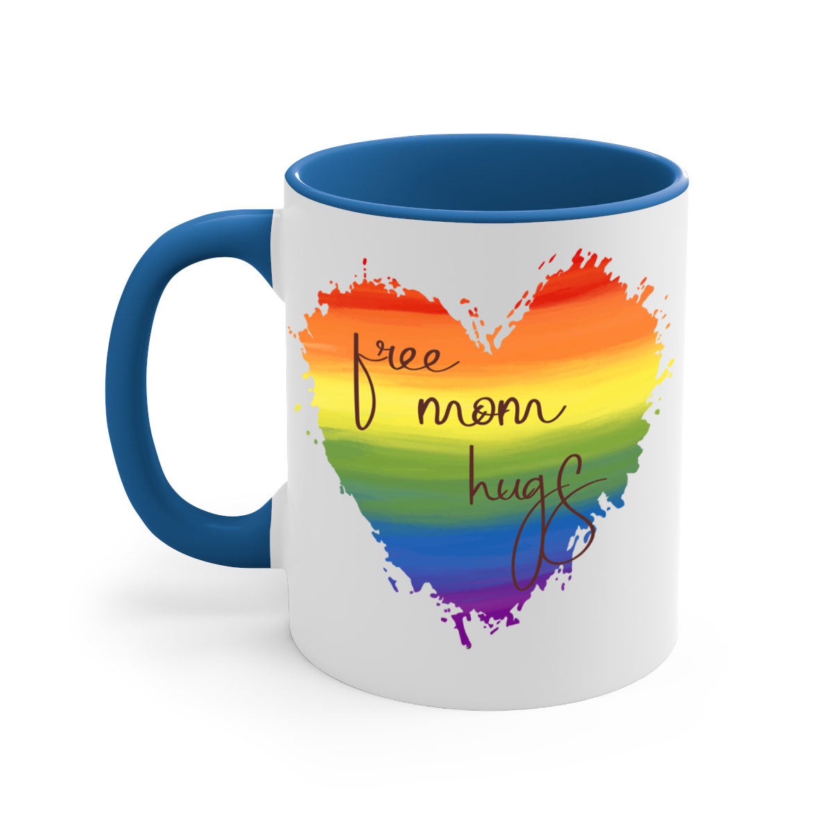 Free Mom Hugs Rainbow Pride Mug with colorful handle and glossy finish, showcasing vibrant rainbow design for LGBT pride.