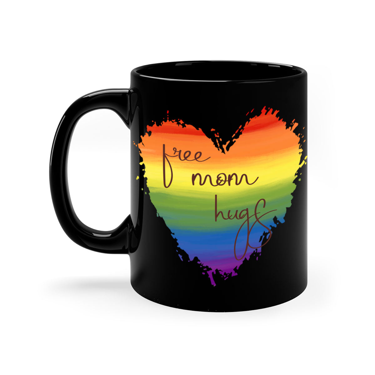 Free Mom Hugs Rainbow Pride Mug with colorful handle and glossy finish, showcasing vibrant rainbow design for LGBT pride.