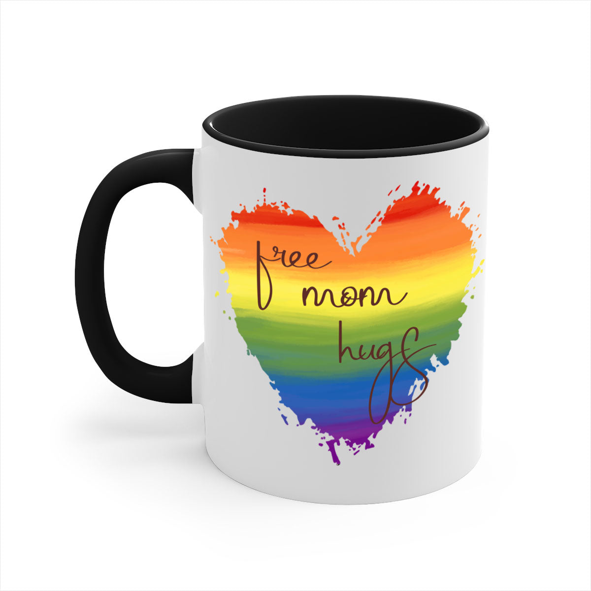 Free Mom Hugs Rainbow Pride Mug with colorful handle and glossy finish, showcasing vibrant rainbow design for LGBT pride.