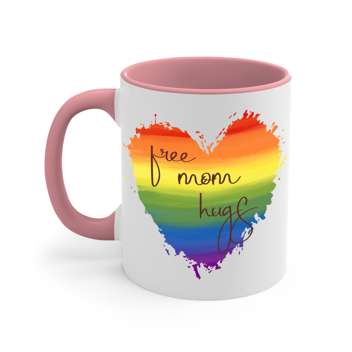 Free Mom Hugs Rainbow Pride Mug with colorful handle and glossy finish, showcasing vibrant rainbow design for LGBT pride.