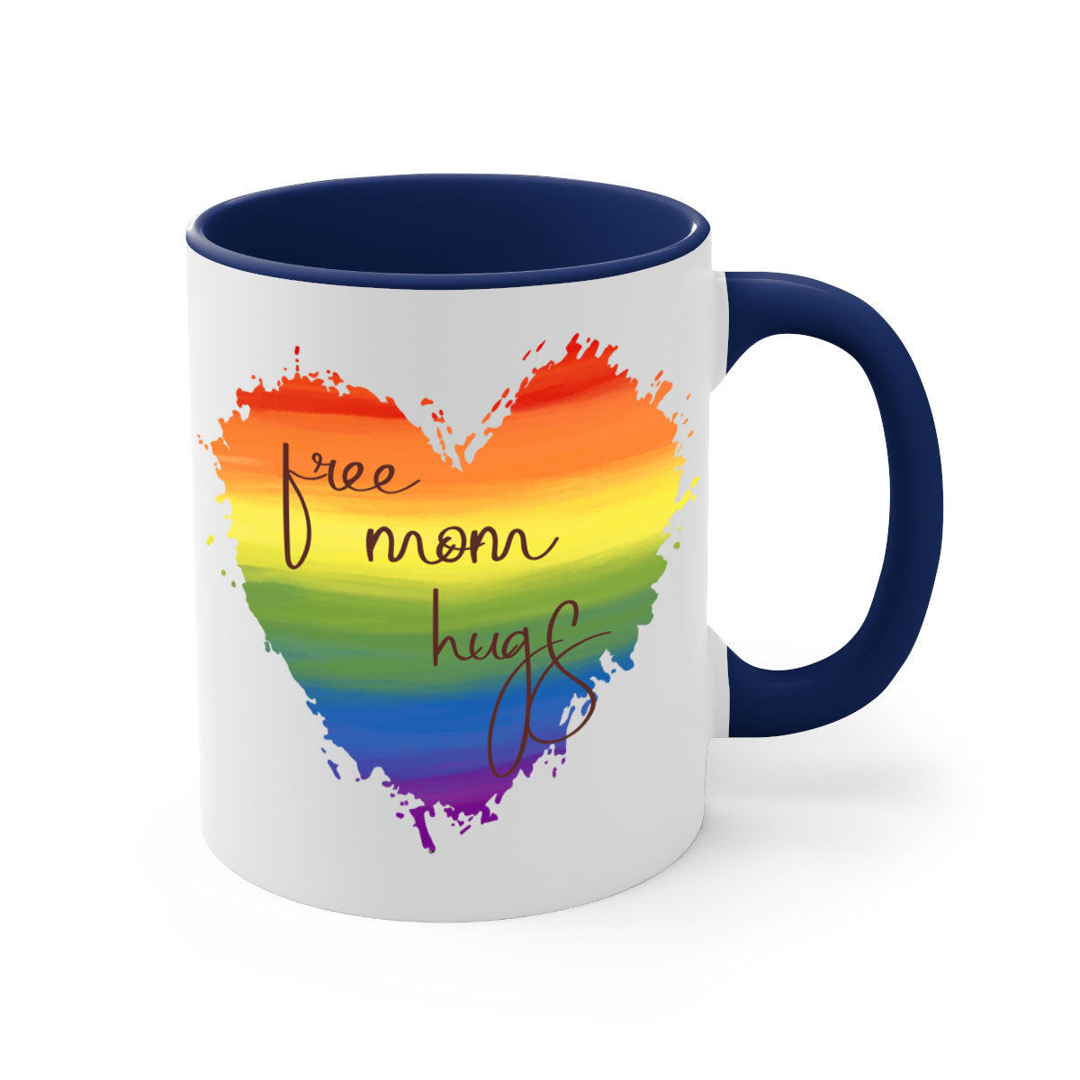 Free Mom Hugs Rainbow Pride Mug with colorful handle and glossy finish, showcasing vibrant rainbow design for LGBT pride.