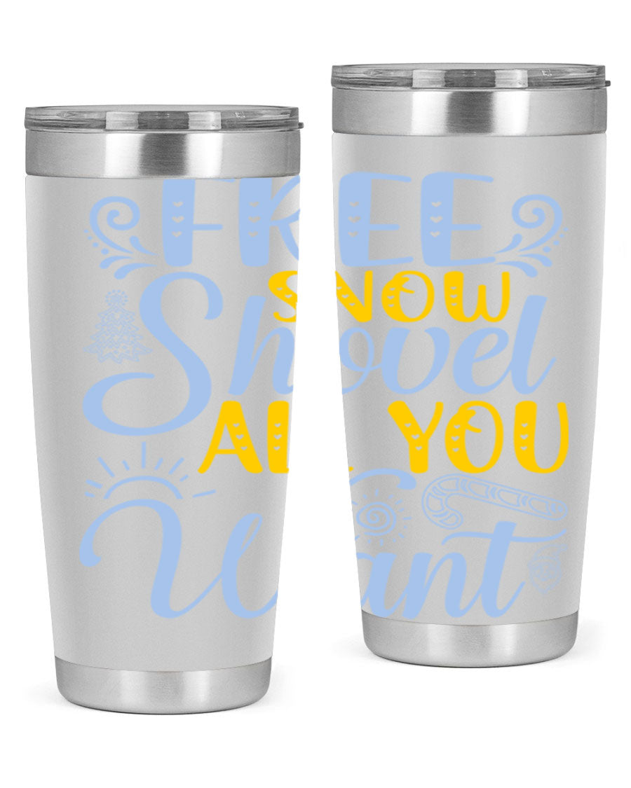Free Snow Shovel 20oz Tumbler made of stainless steel with a drink-thru lid, showcasing its sleek design and vibrant print.