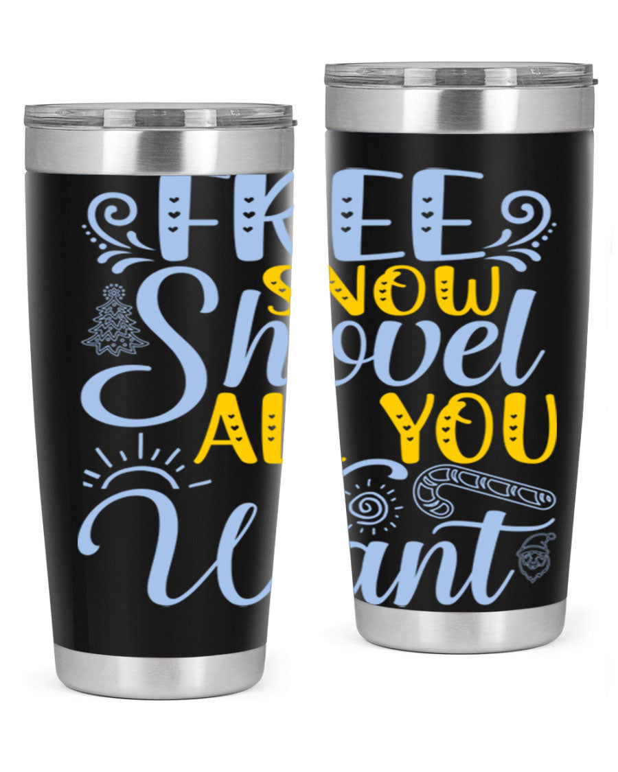 Free Snow Shovel 20oz Tumbler made of stainless steel with a drink-thru lid, showcasing its sleek design and vibrant print.