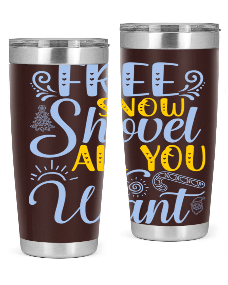 Free Snow Shovel 20oz Tumbler made of stainless steel with a drink-thru lid, showcasing its sleek design and vibrant print.
