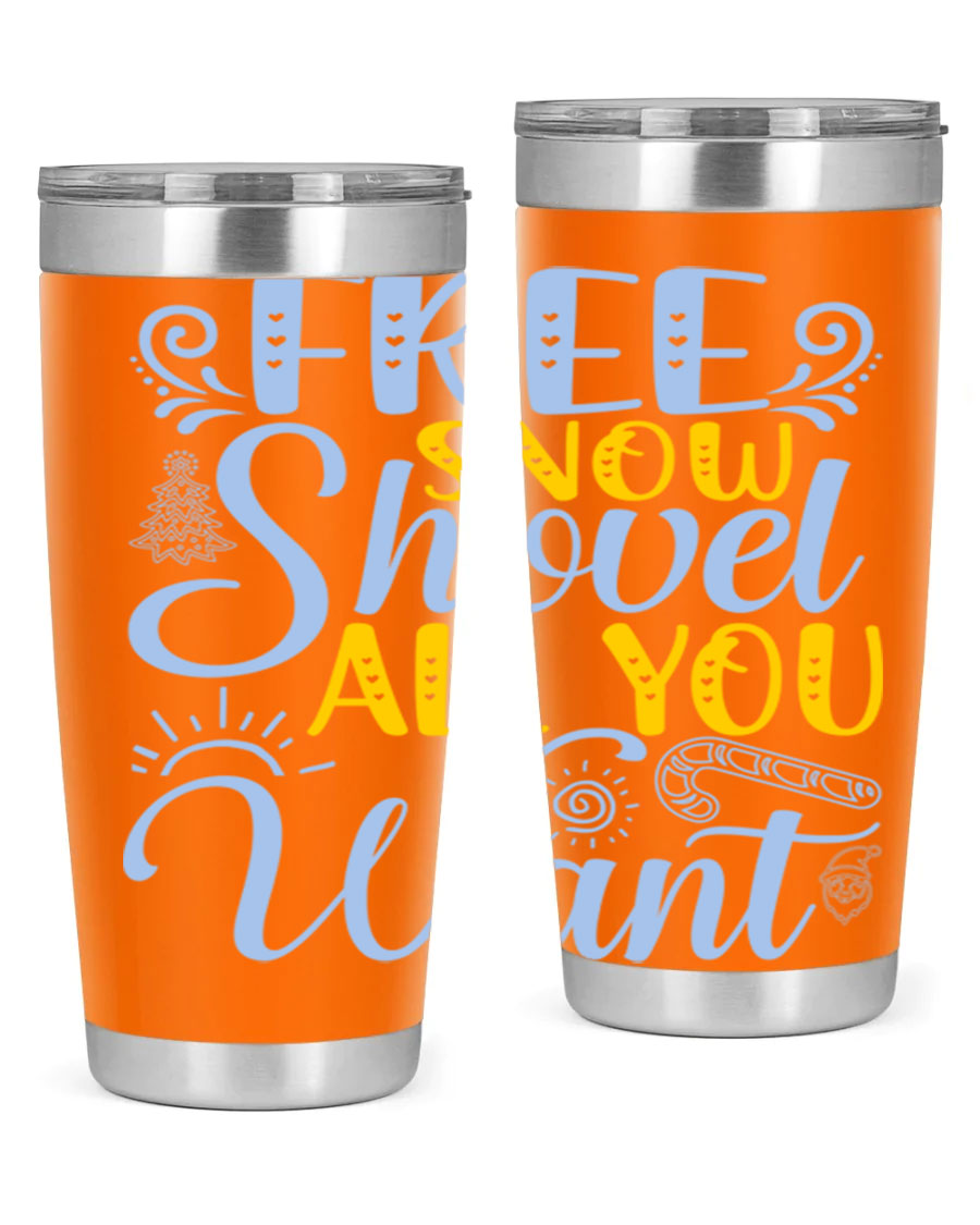 Free Snow Shovel 20oz Tumbler made of stainless steel with a drink-thru lid, showcasing its sleek design and vibrant print.