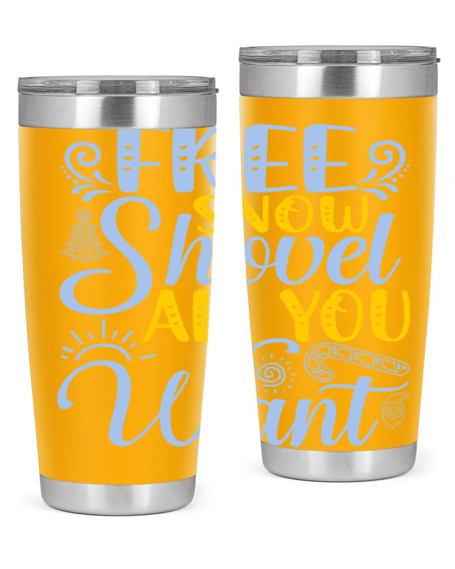 Free Snow Shovel 20oz Tumbler made of stainless steel with a drink-thru lid, showcasing its sleek design and vibrant print.