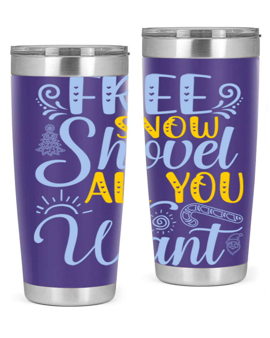Free Snow Shovel 20oz Tumbler made of stainless steel with a drink-thru lid, showcasing its sleek design and vibrant print.