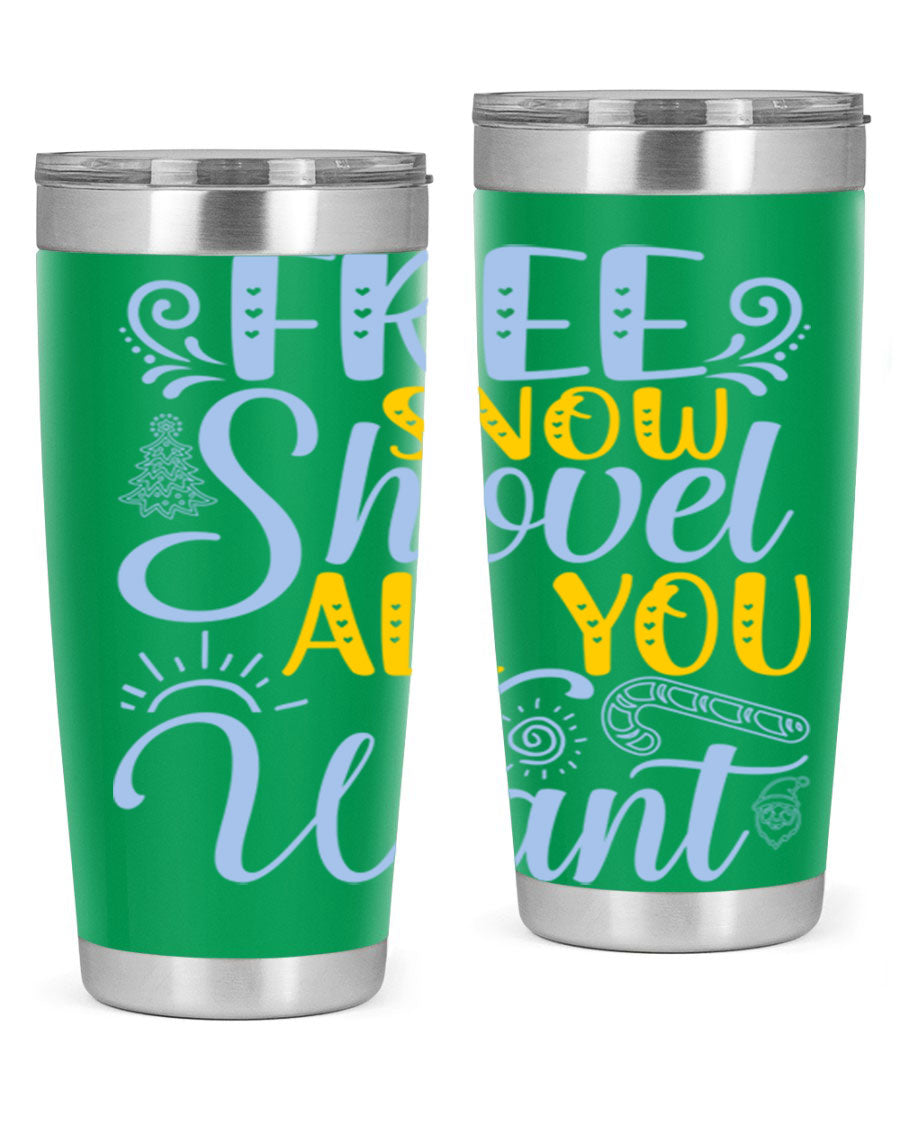 Free Snow Shovel 20oz Tumbler made of stainless steel with a drink-thru lid, showcasing its sleek design and vibrant print.
