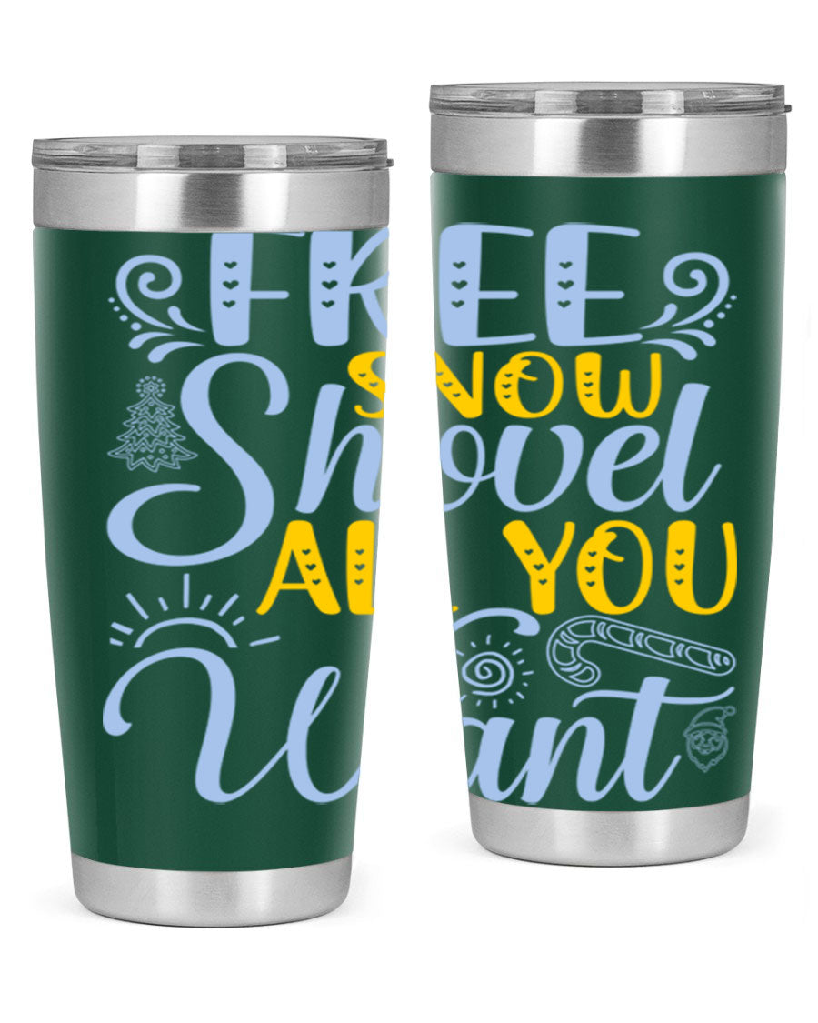 Free Snow Shovel 20oz Tumbler made of stainless steel with a drink-thru lid, showcasing its sleek design and vibrant print.
