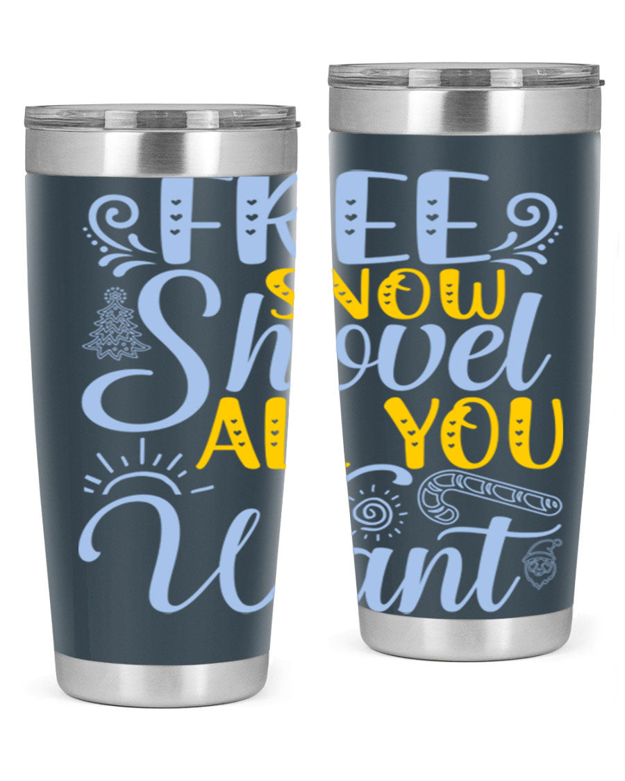 Free Snow Shovel 20oz Tumbler made of stainless steel with a drink-thru lid, showcasing its sleek design and vibrant print.