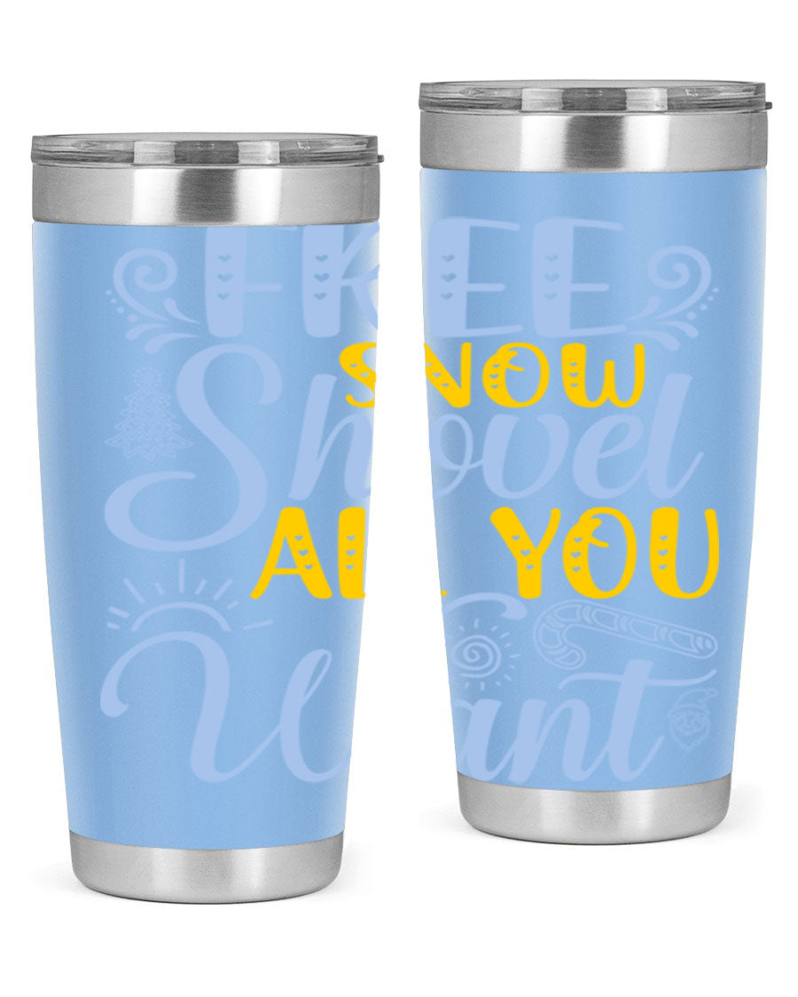 Free Snow Shovel 20oz Tumbler made of stainless steel with a drink-thru lid, showcasing its sleek design and vibrant print.