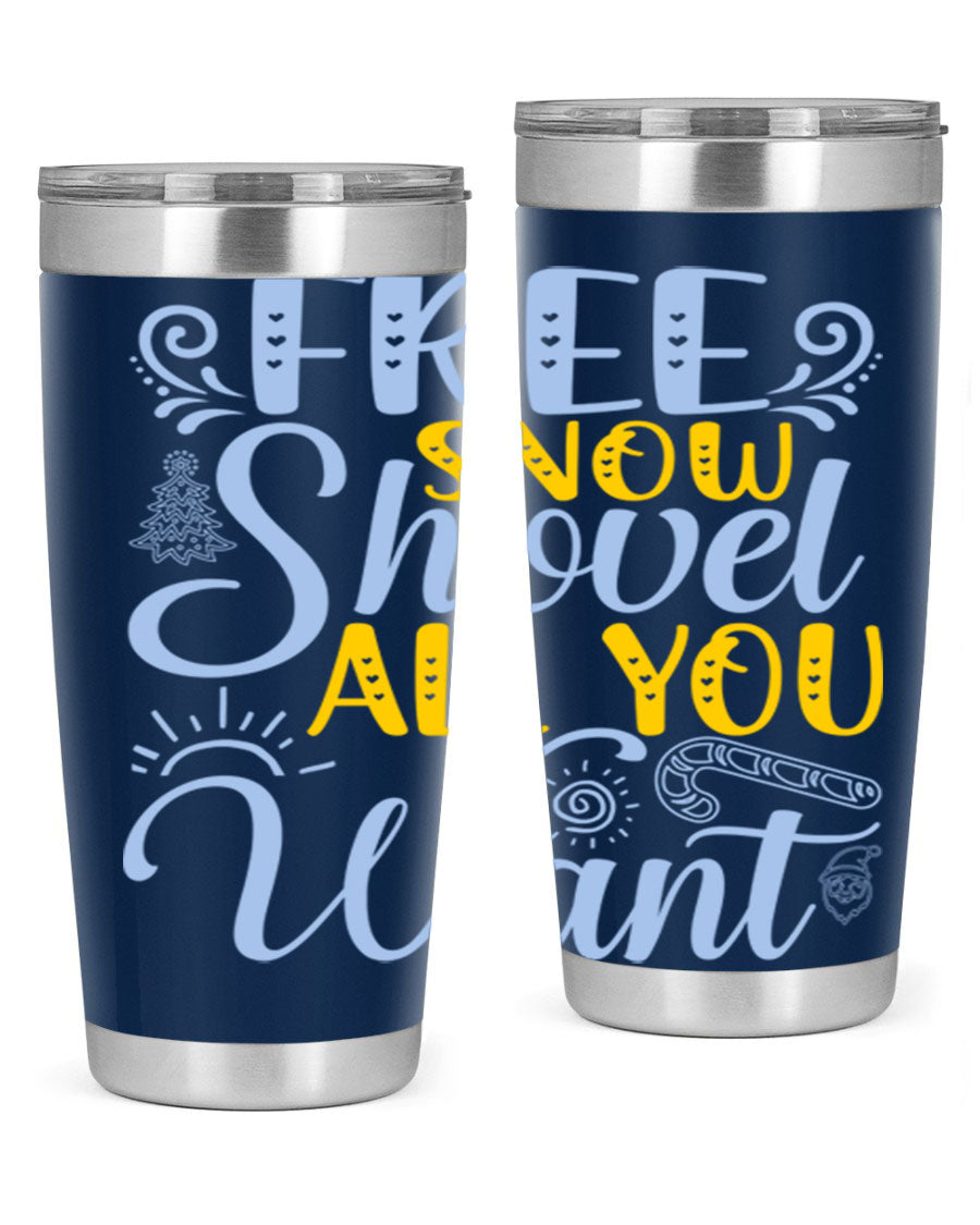 Free Snow Shovel 20oz Tumbler made of stainless steel with a drink-thru lid, showcasing its sleek design and vibrant print.