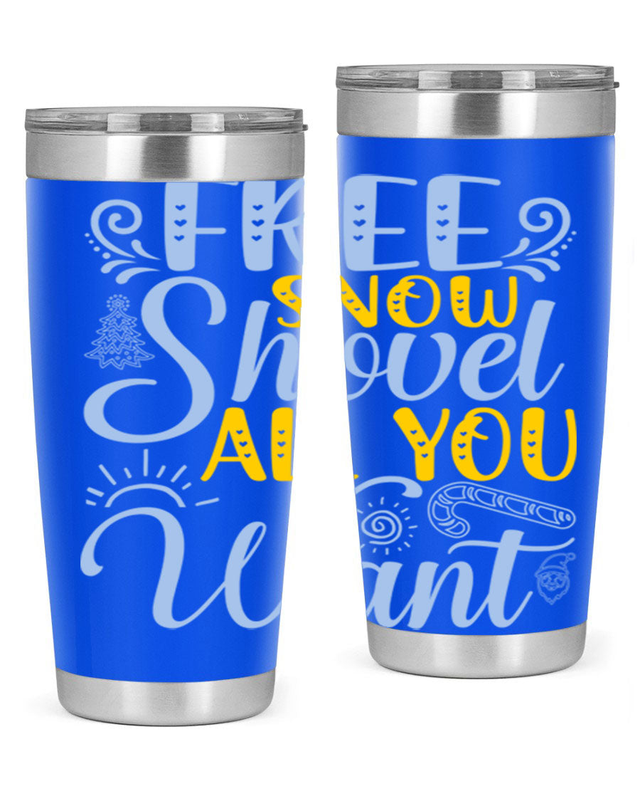 Free Snow Shovel 20oz Tumbler made of stainless steel with a drink-thru lid, showcasing its sleek design and vibrant print.