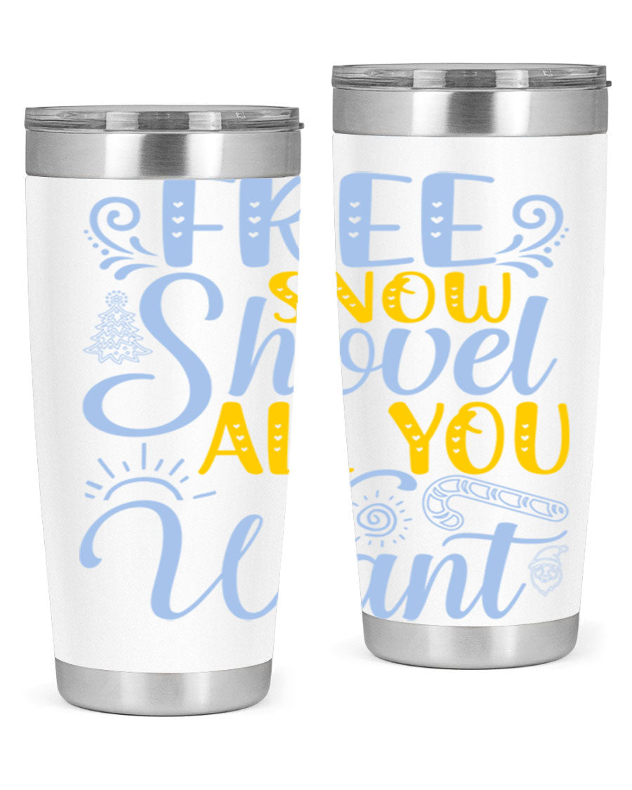 Free Snow Shovel 20oz Tumbler made of stainless steel with a drink-thru lid, showcasing its sleek design and vibrant print.