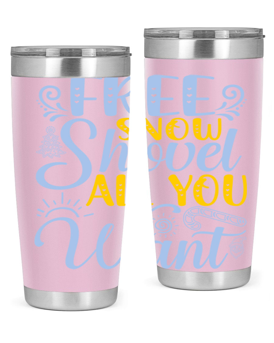 Free Snow Shovel 20oz Tumbler made of stainless steel with a drink-thru lid, showcasing its sleek design and vibrant print.